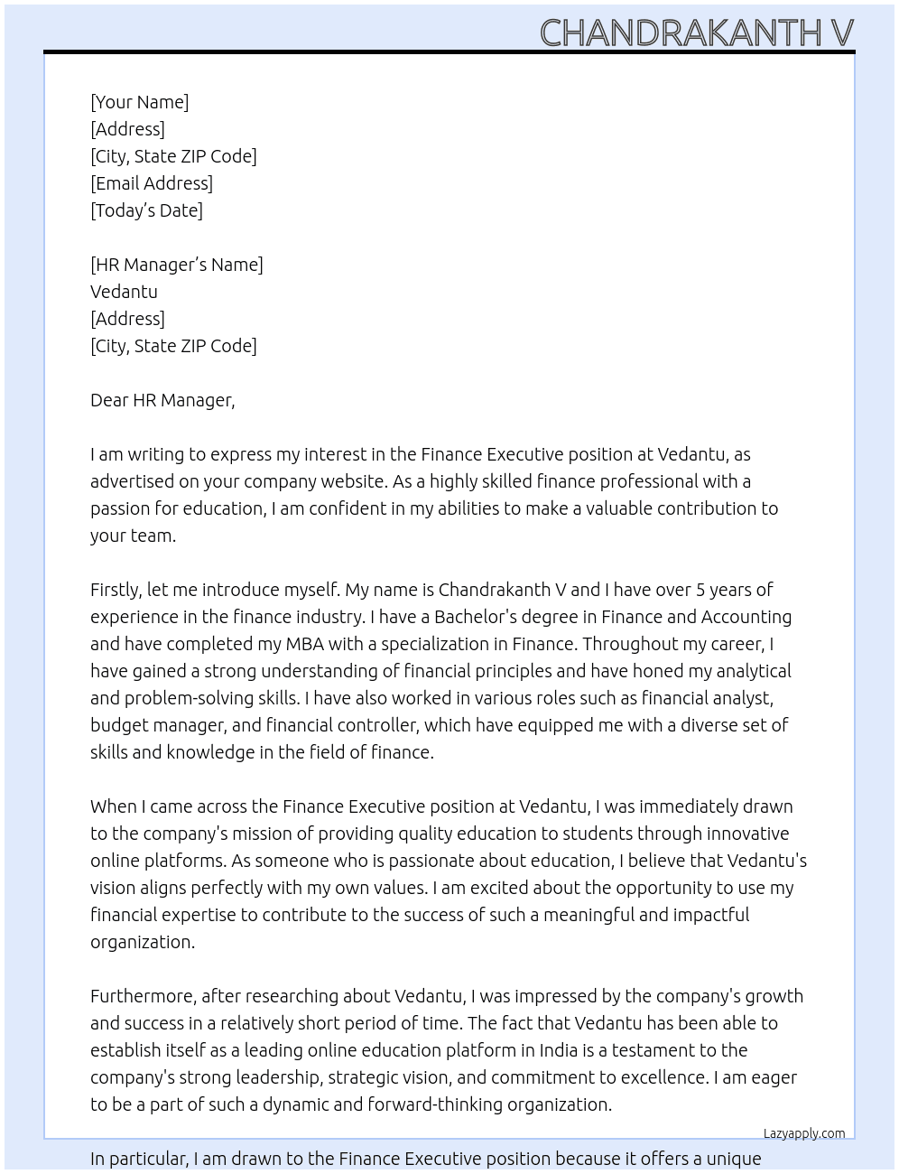Finance Executive At Vedantu Cover Letter