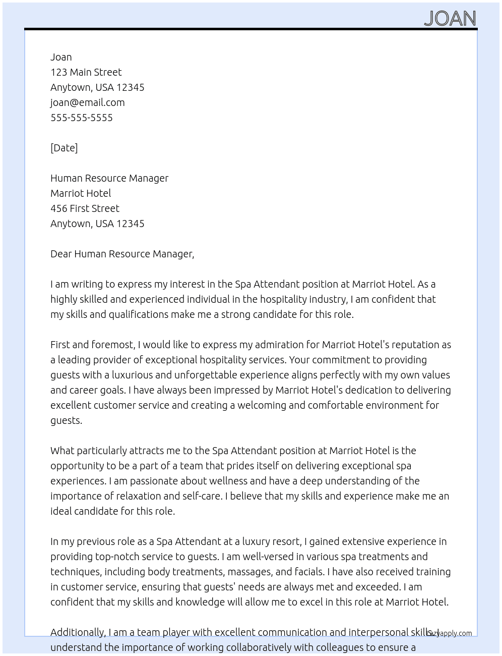 Spa attendant At Marriot hotel Cover Letter