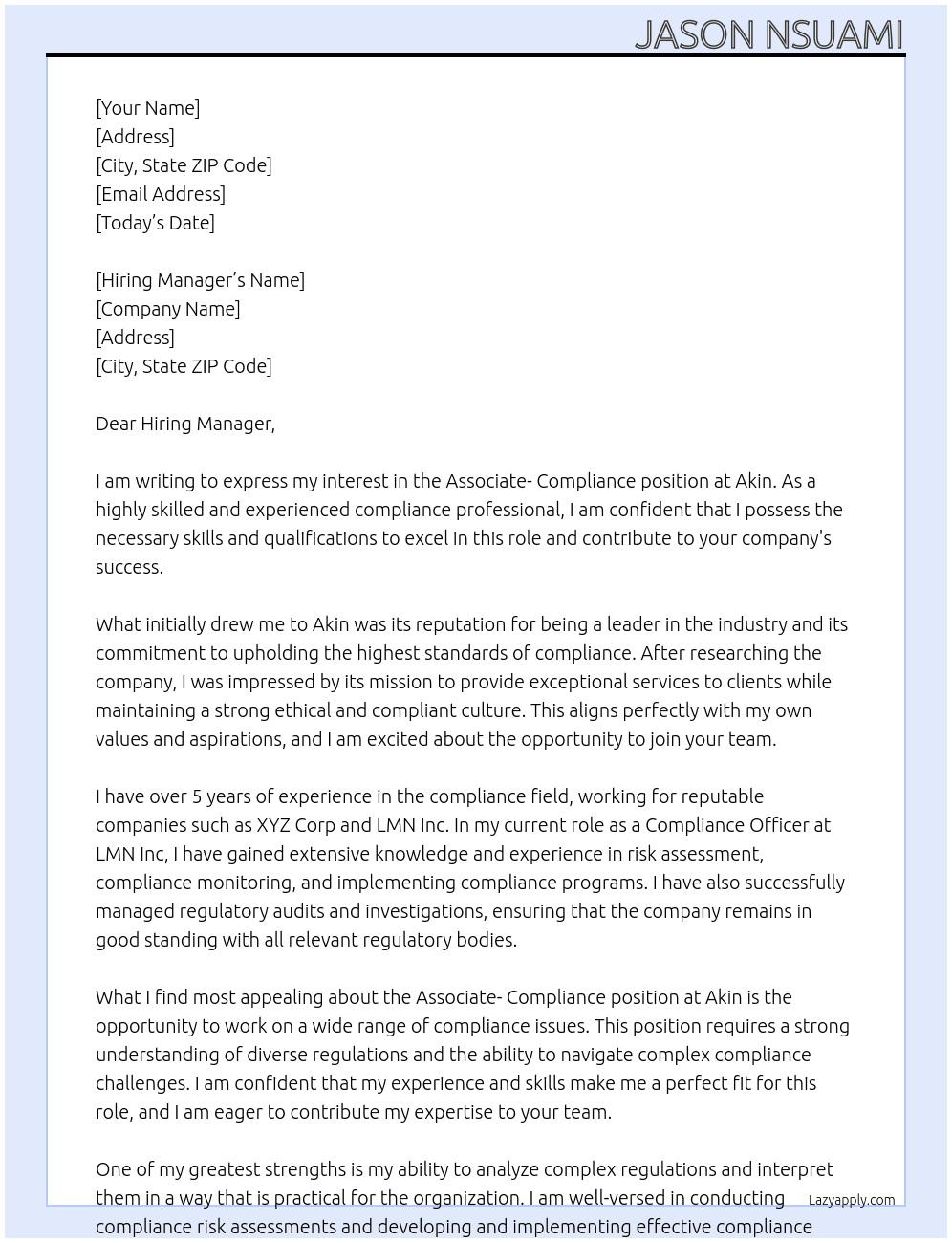Associate- Compliance At Akin Cover Letter