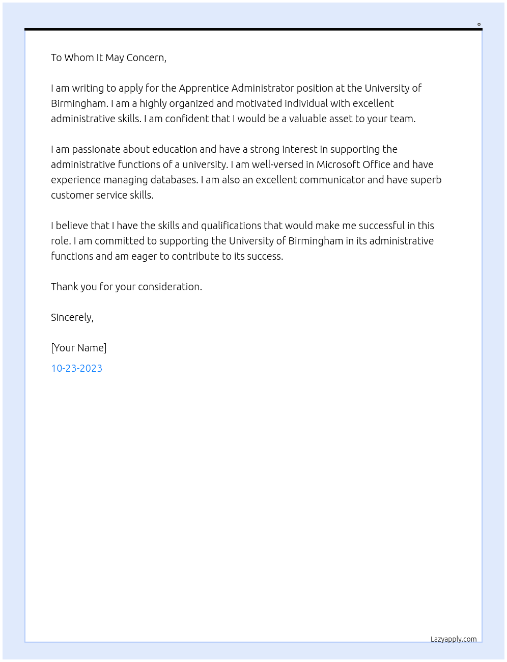  Apprentice Administrator  At University of Birmingham Cover Letter