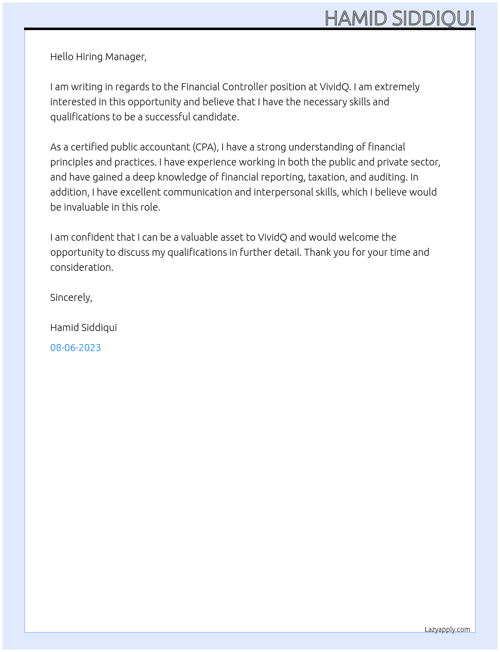 Financial Controller At VividQ Cover Letter