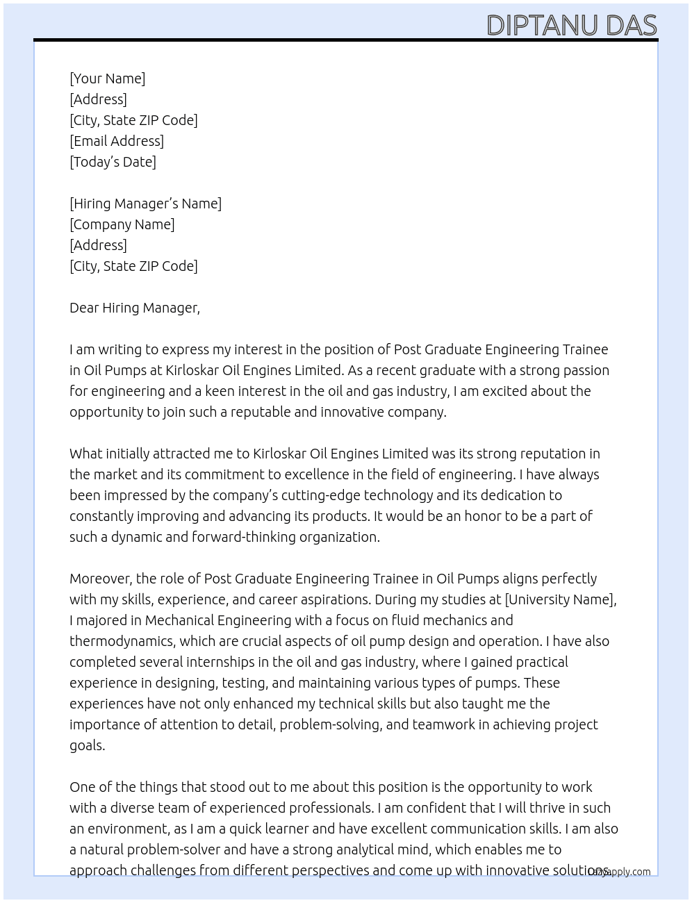POST GRADUATE ENGINEERING TRAINEE IN OIL PUMPS At KIRLOSKAR OIL ENGINES LIMITED Cover Letter