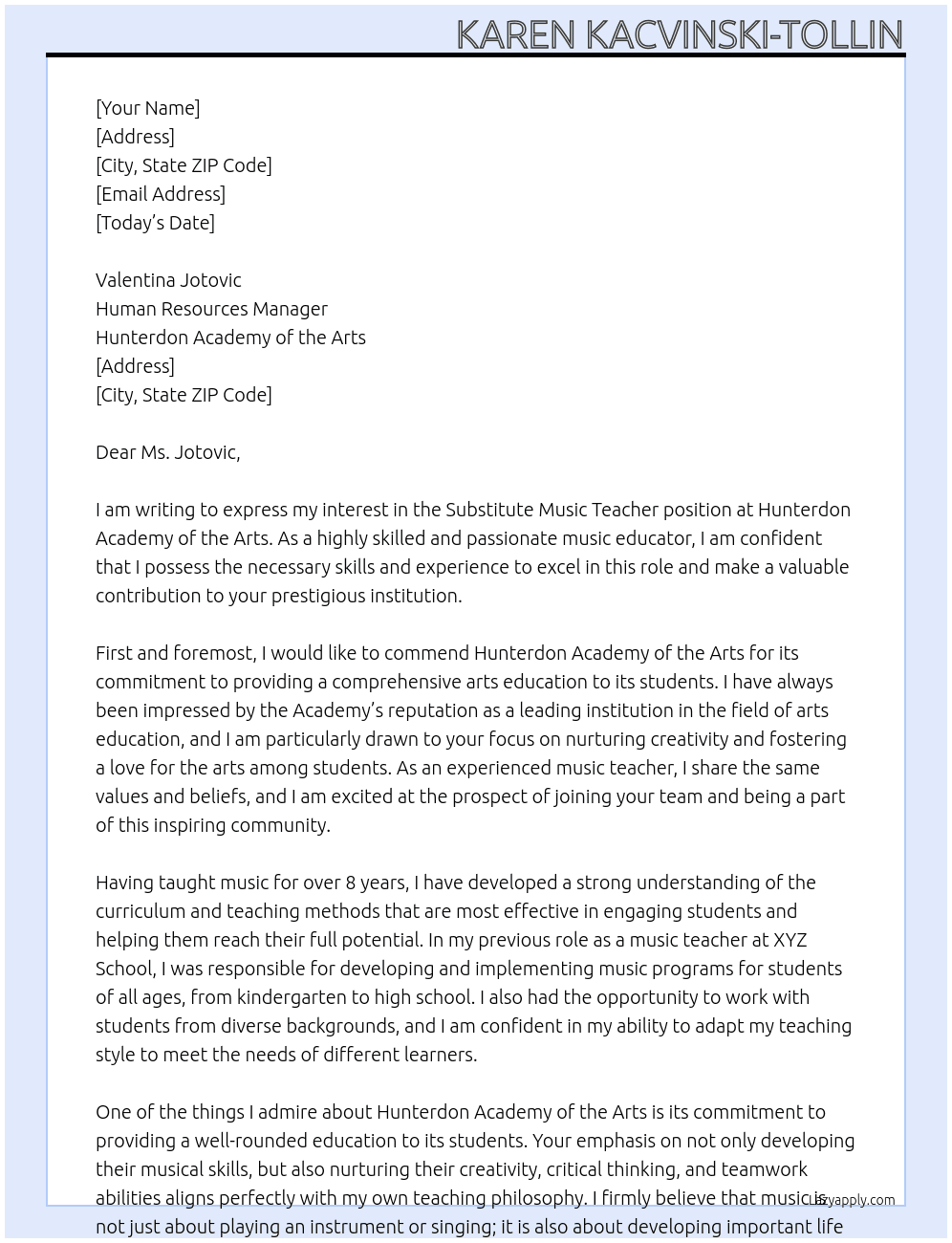 Substitute Music Teacher At Hunterdon Academy of the Arts Cover Letter