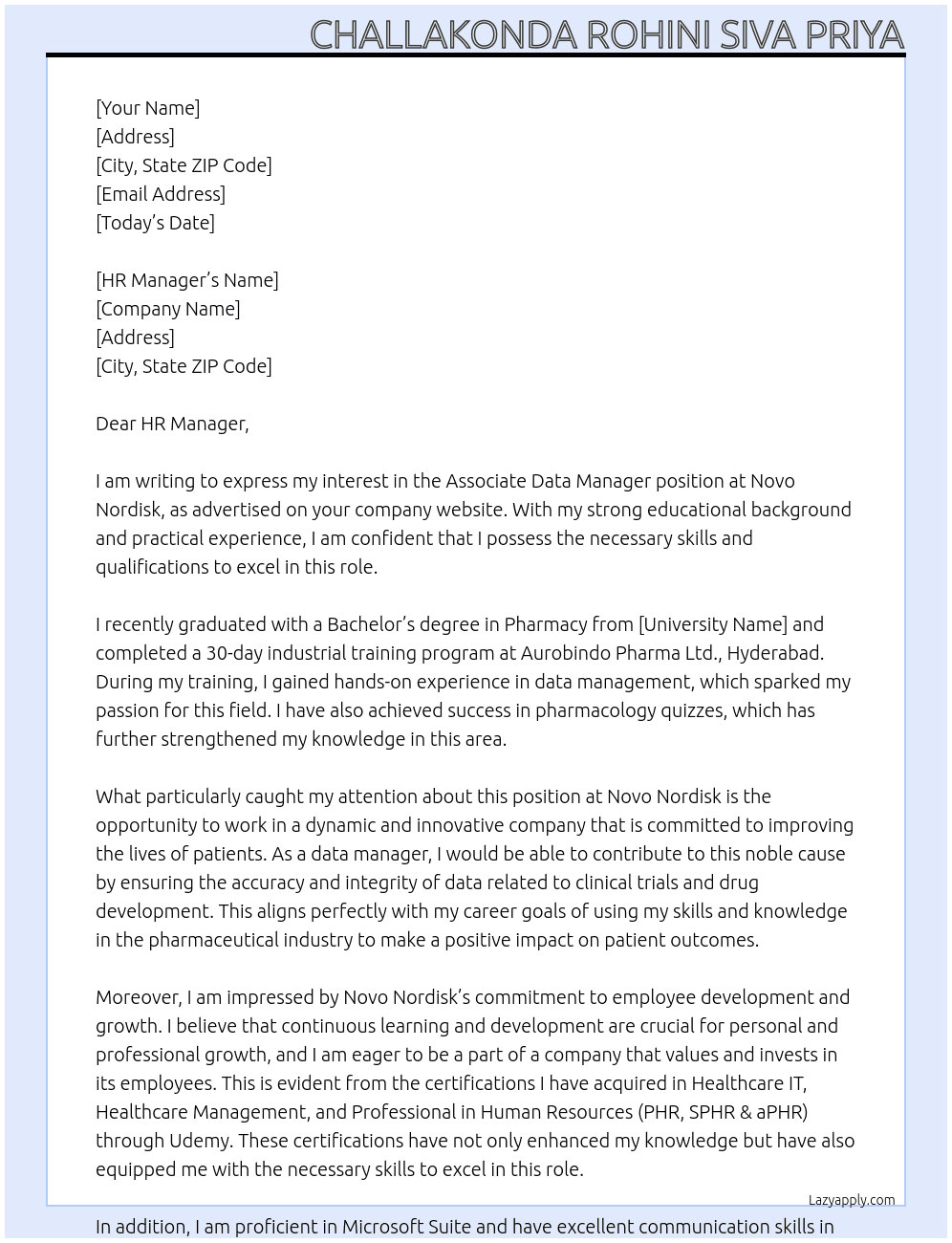 associate data manager At Novo Nordisk Cover Letter