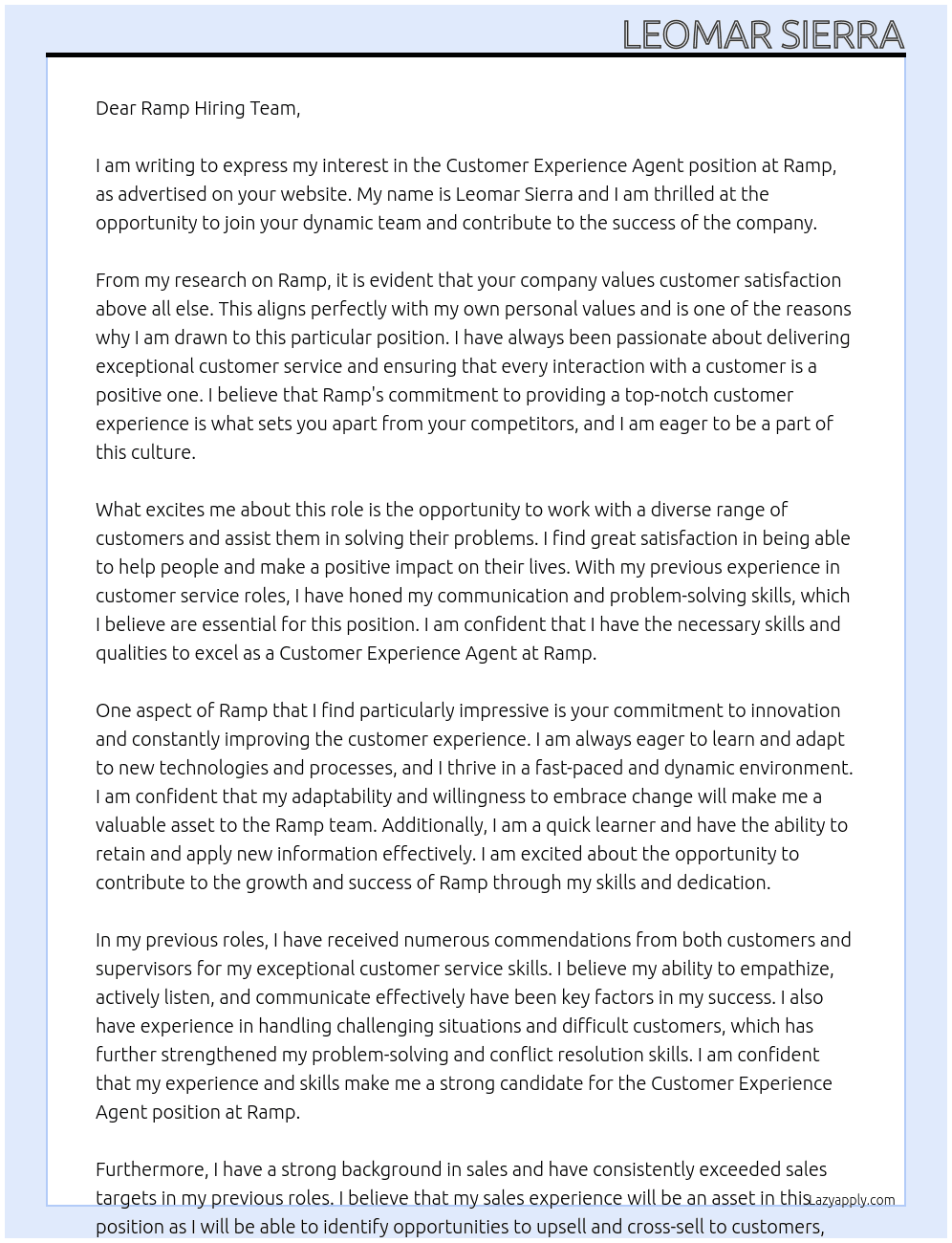Customer Experience Agent At Ramp Cover Letter