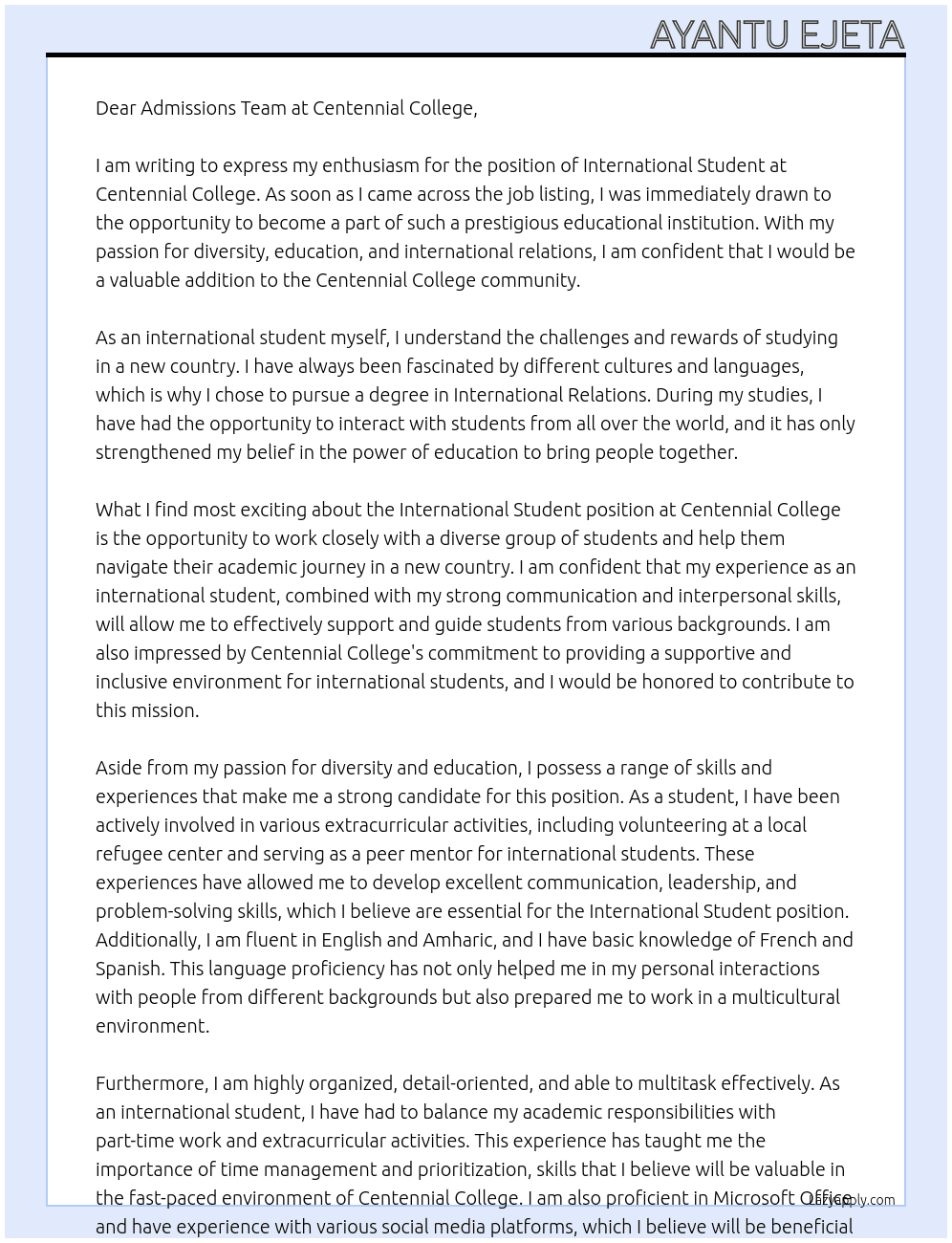 International Student At Centennial College Cover Letter