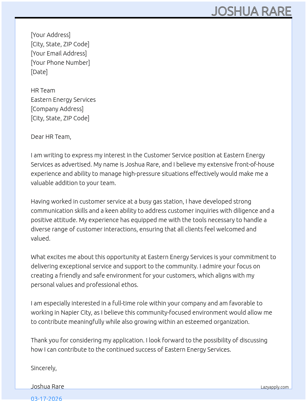 Customer Service  At Eastern Energy Services  Cover Letter