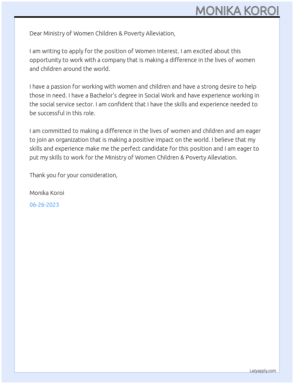 Women Interest At Ministry of Women Children & Poverty Alleviation Cover Letter