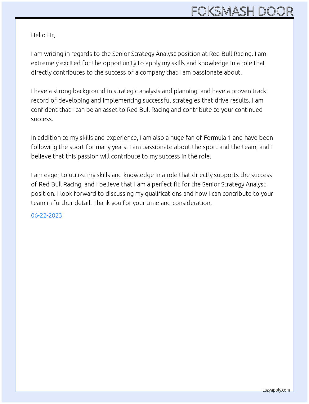 Senior Strategy Analyst At Red Bull Racing  Cover Letter