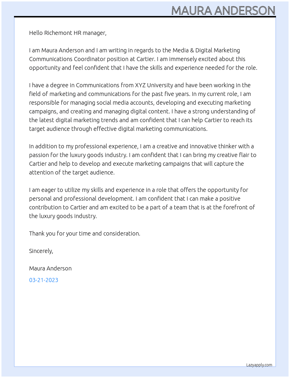Media & Digital Marketing Communications Coordinator  At Cartier Cover Letter