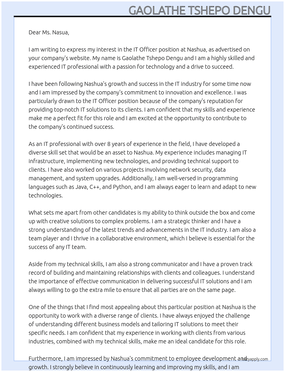 IT officer At Nashua Cover Letter