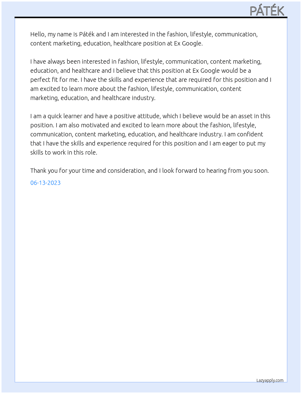 fashion, lifestyle, communication, content marketing, education, healthcare,  At Ex Google Cover Letter