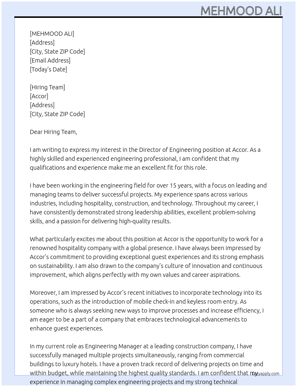 director of engineering At Accor Cover Letter