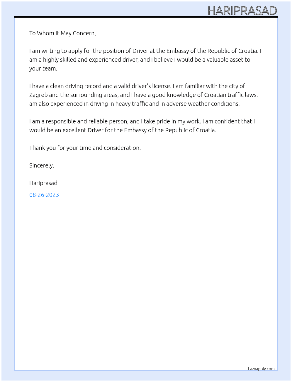Driver Job At Meta Mate  Cover Letter