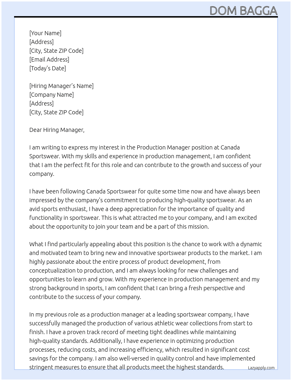 production manager At canada sportswear Cover Letter