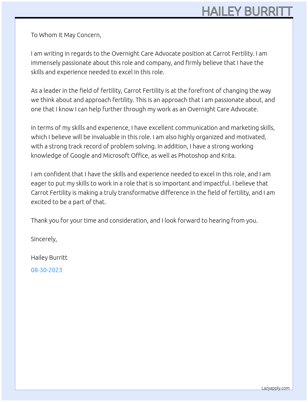 Overnight Care Advocate At Carrot Fertility Cover Letter