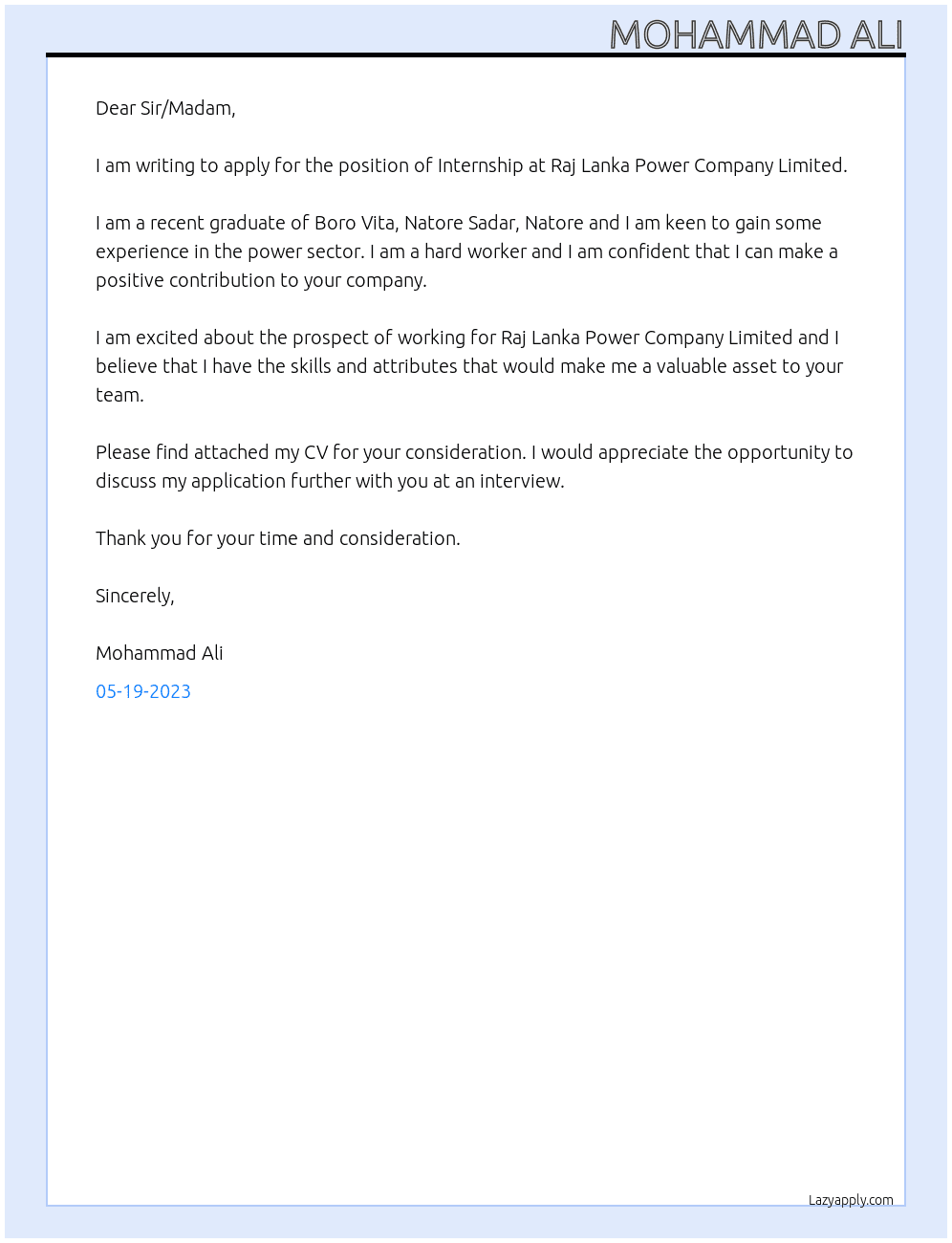 Internship  At Raj Lanka Power Company Limited Cover Letter