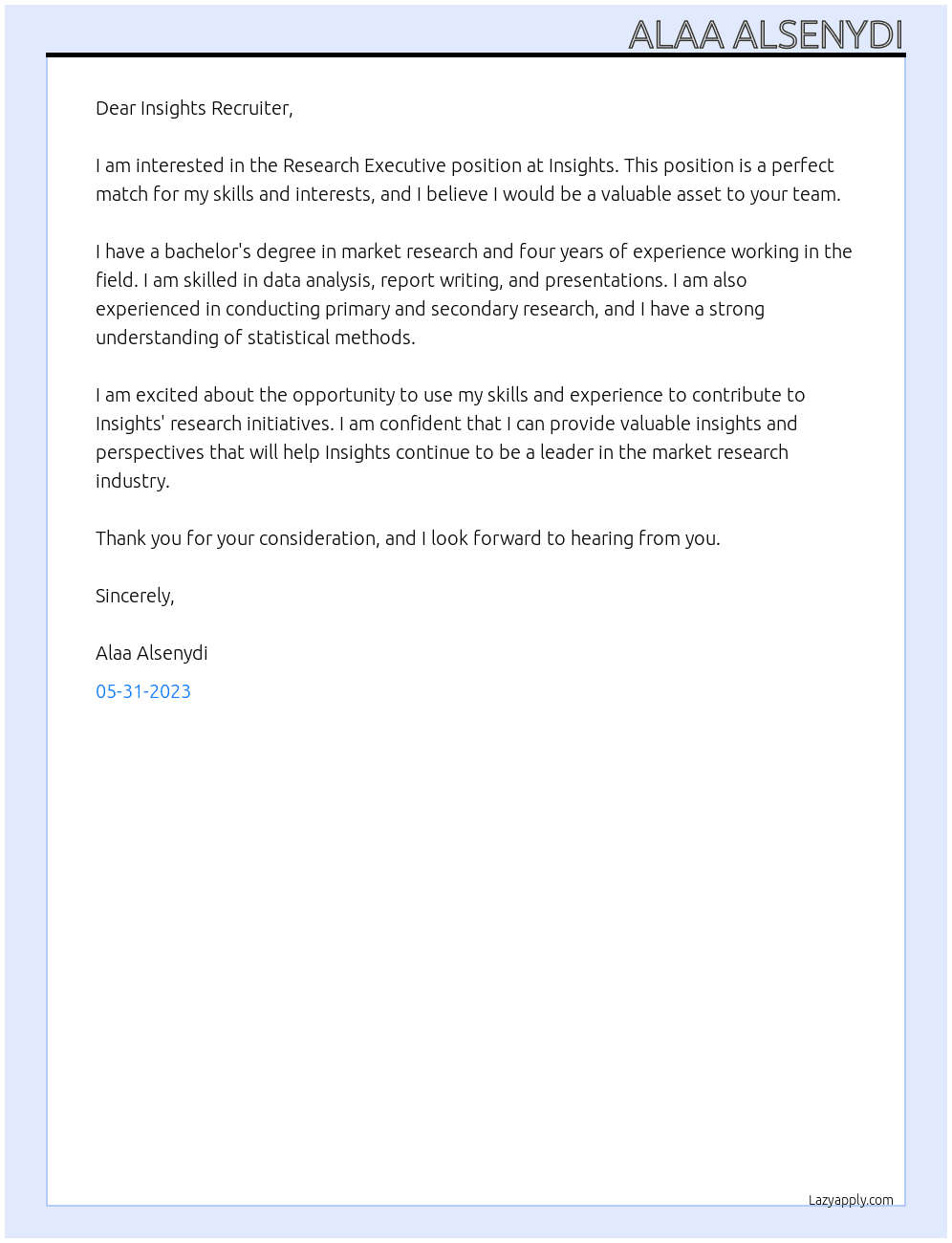 Research Executive At Insights Cover Letter