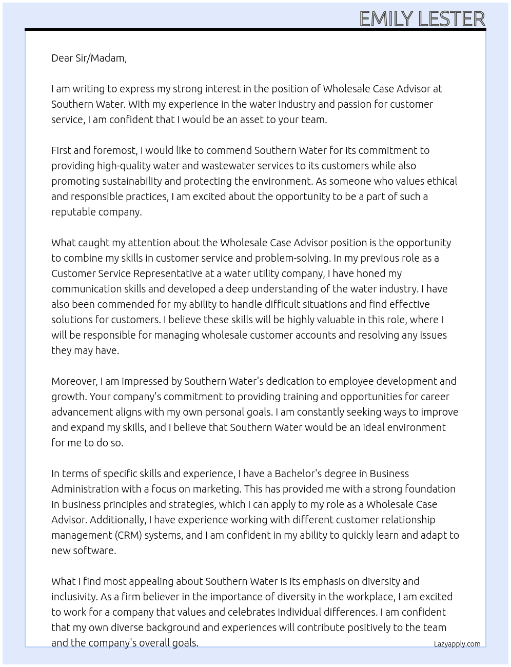 Wholesale Case Advisor At Southern water Cover Letter