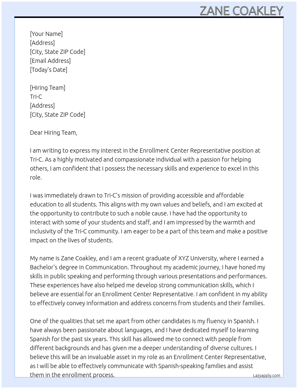 Enrollment Center Representative At Tri-C Cover Letter