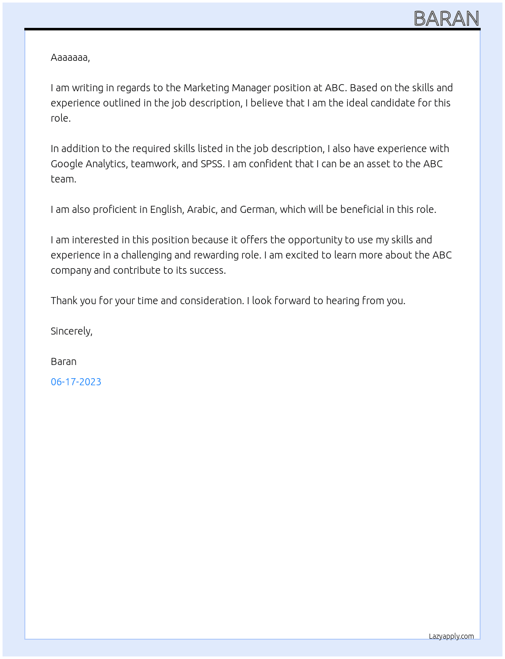Marketing manager At ABC Cover Letter