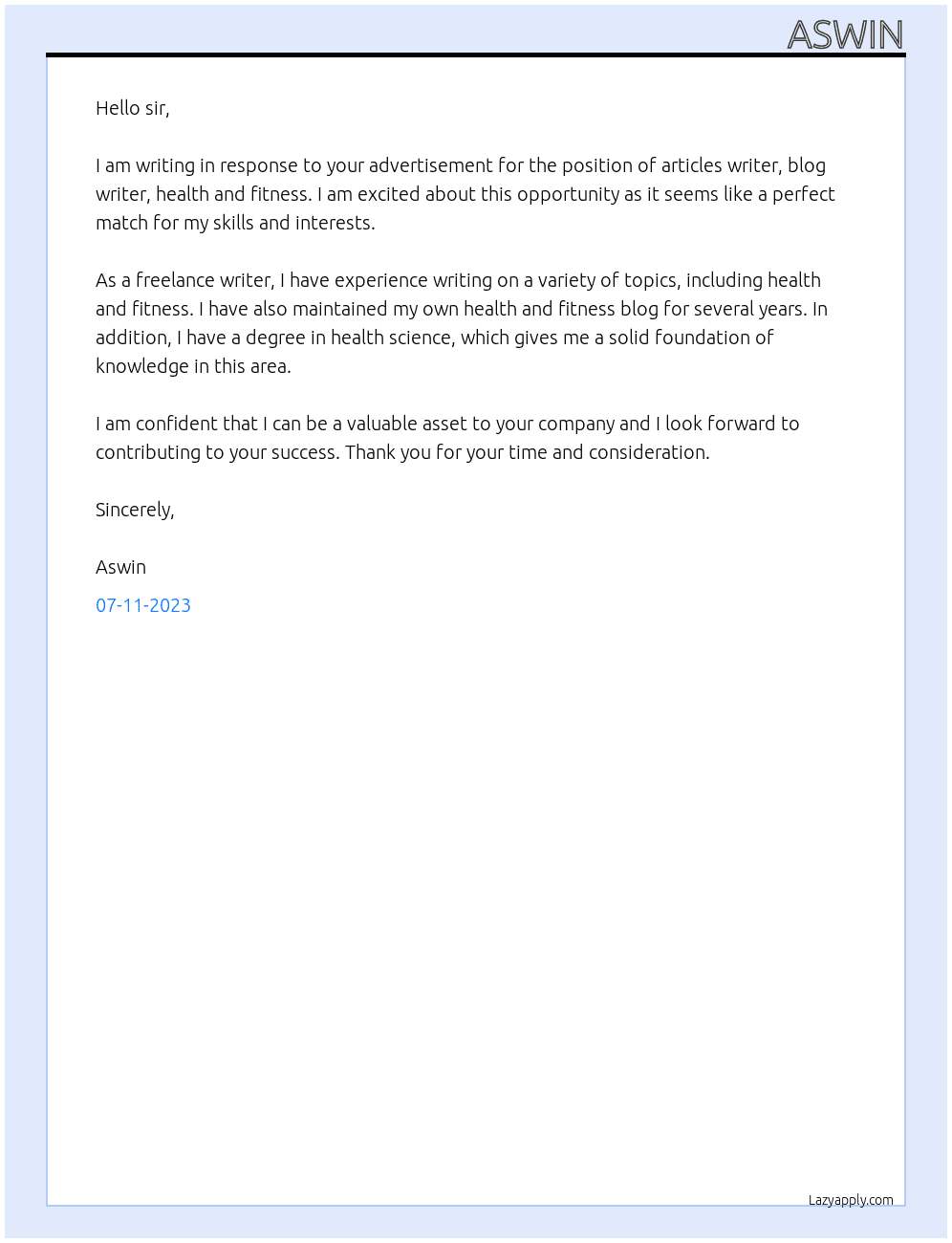 Articles writing , blog writing, health and fitness At SEO friendly on medical, health and fitness Cover Letter