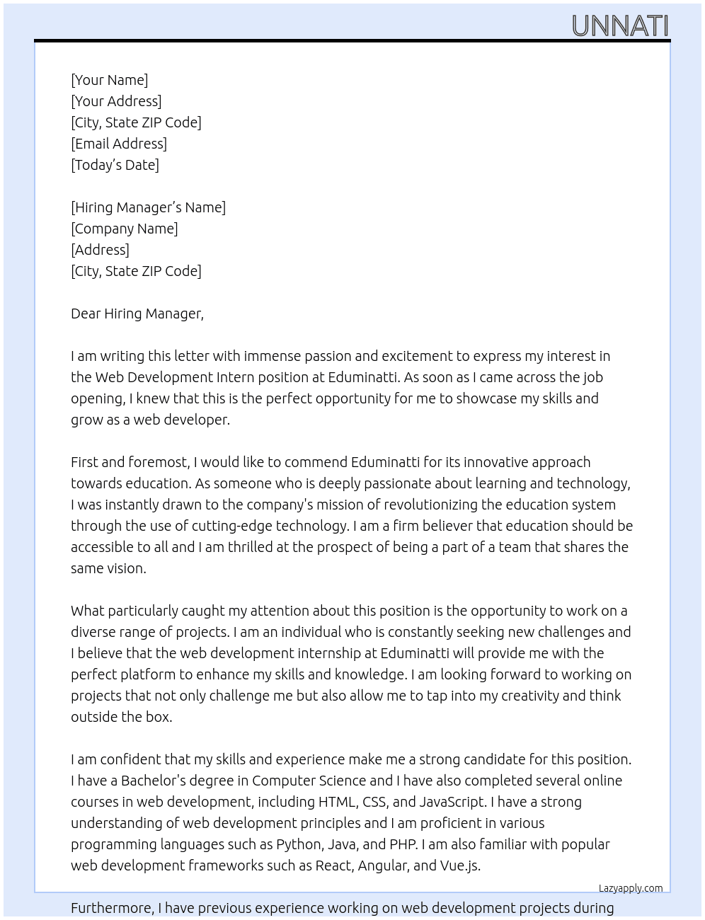 Web Development Intern At Eduminatti Cover Letter