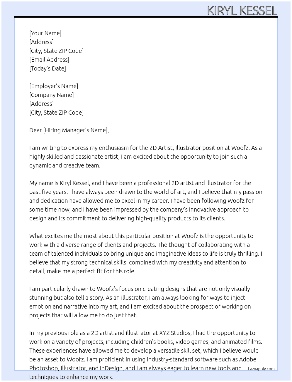 2D Artist, Illustrator  At Woofz Cover Letter