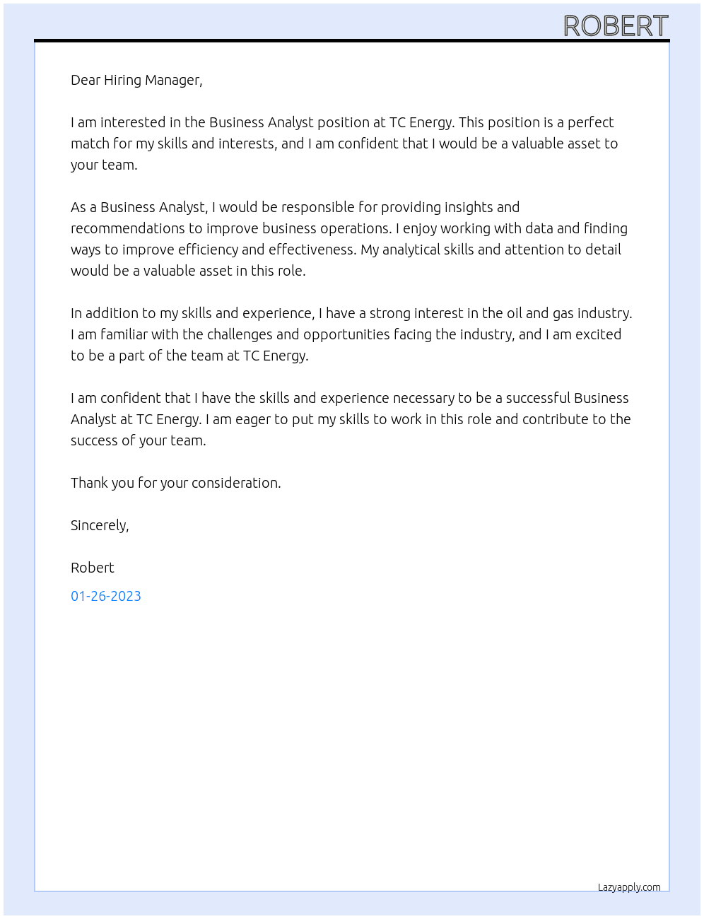 Business Analyst At TC Energy Cover Letter