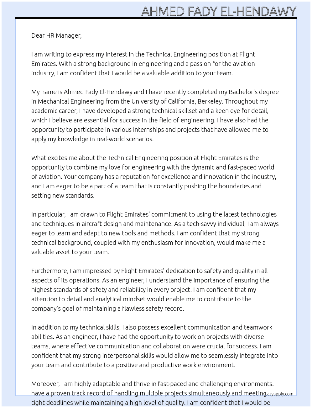 Technical Engineering At Flight Emirates Cover Letter