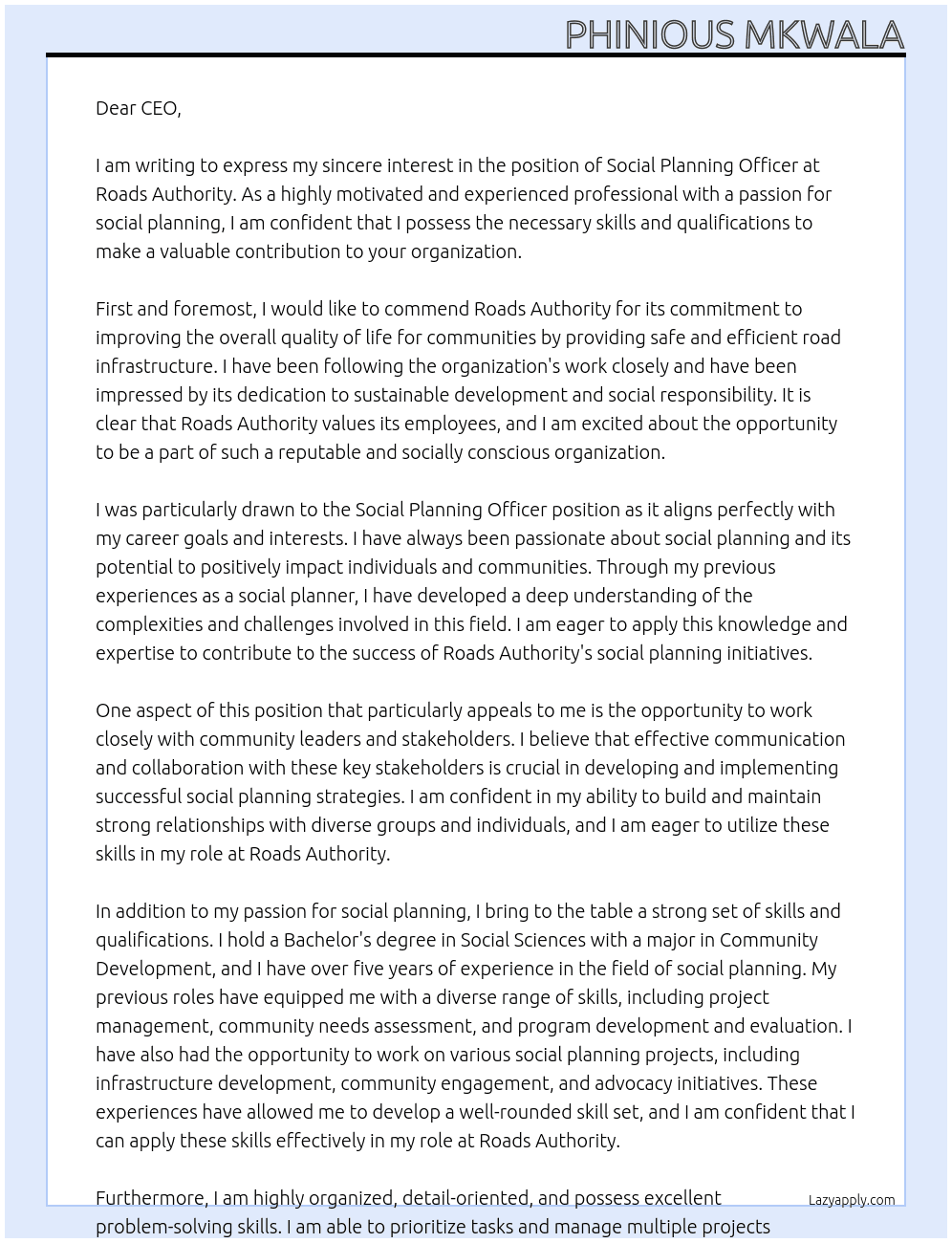 Social planning officer At Roads Authority  Cover Letter