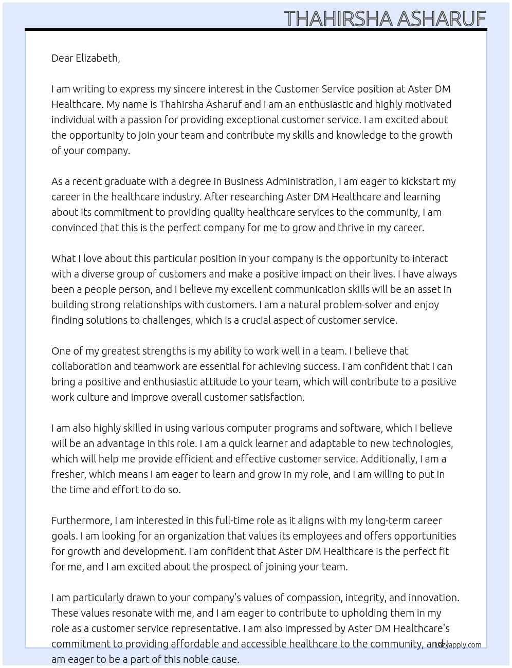Customer service At Aster DM Healthcare Cover Letter