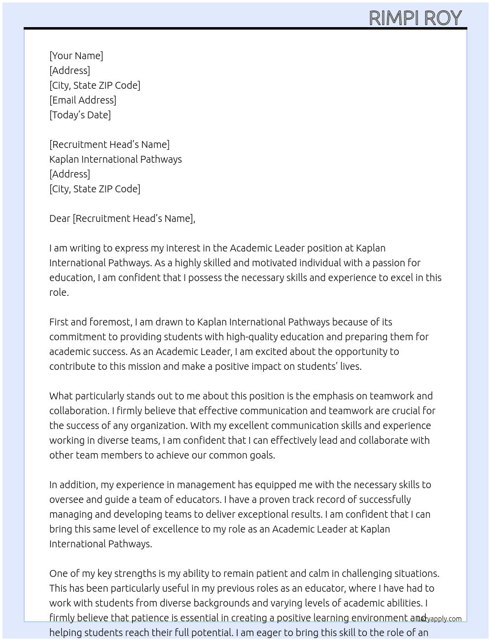 Academic Leader  At Kaplan International Pathways  Cover Letter