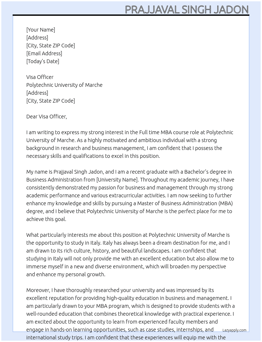 student  At Polytechnic University of Marche  Cover Letter