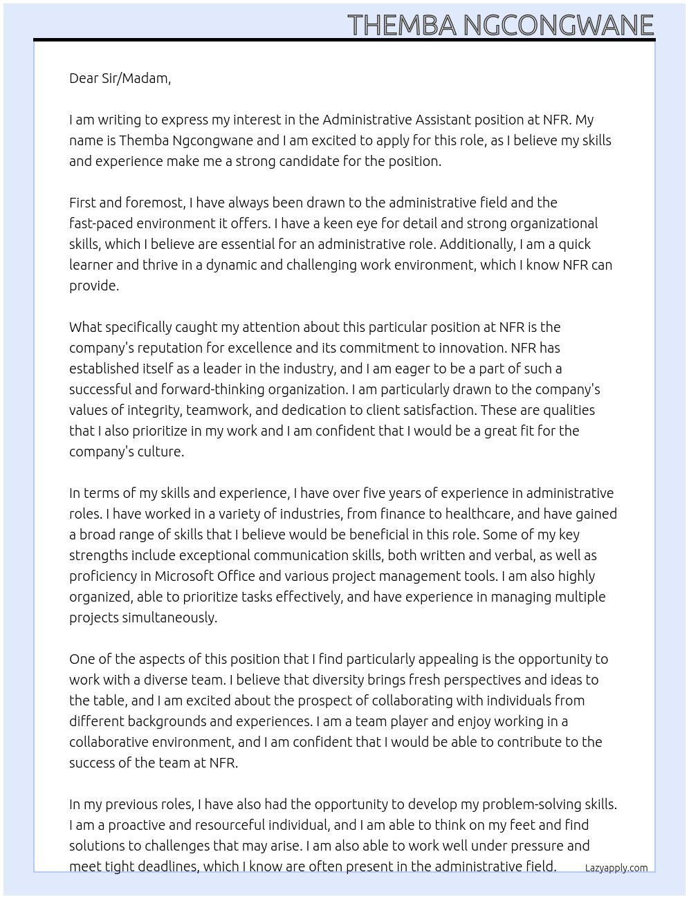 Administrative Assistant At NFR Cover Letter