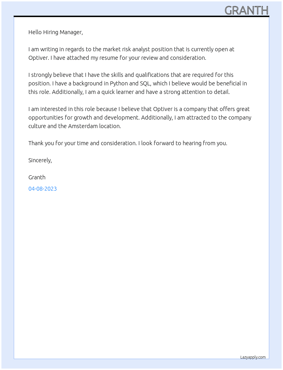 market risk analyst At Optiver Cover Letter