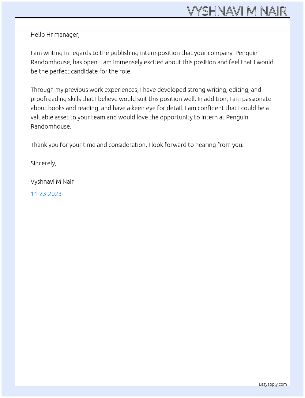 Publishing intern At Penguin randomhouse Cover Letter