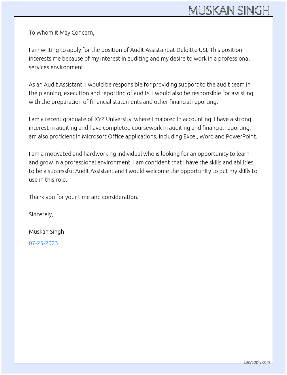 Audit Assistant At Deloitte USI Cover Letter