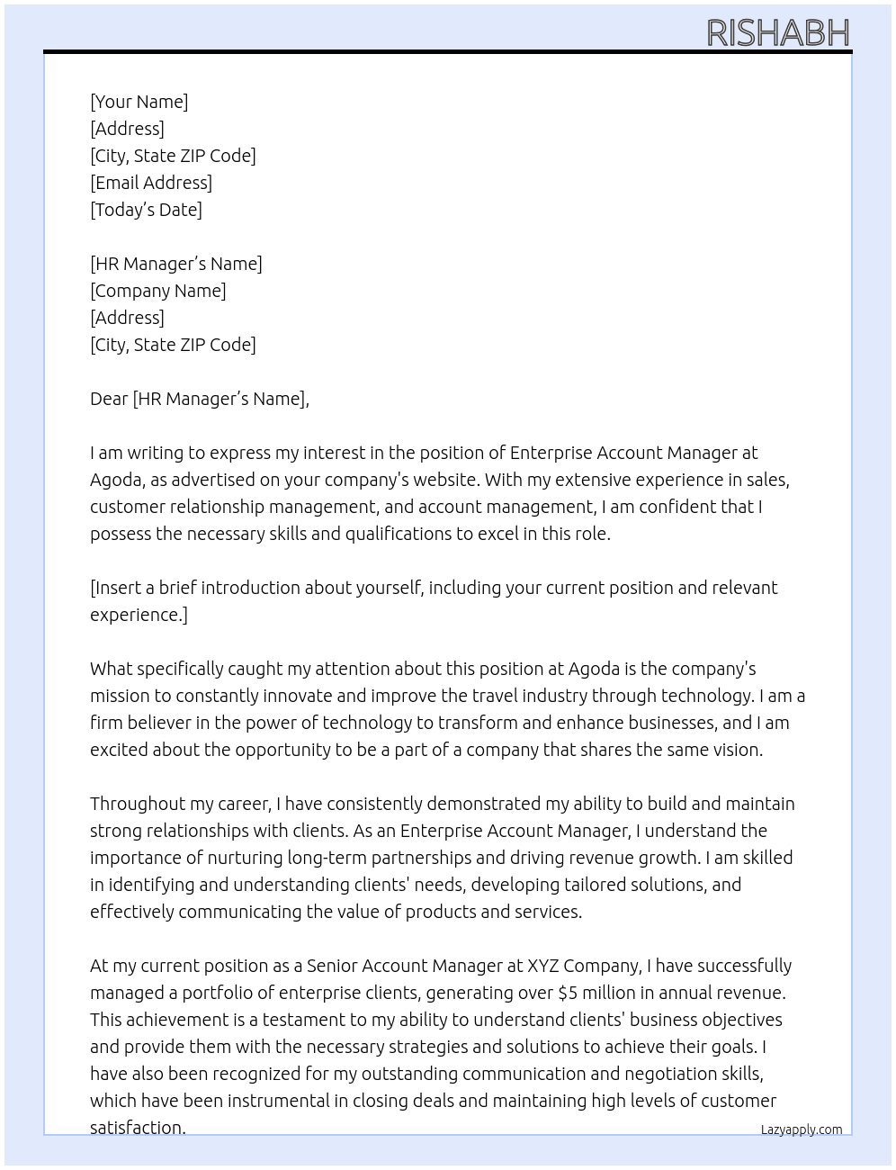 Enterprise account manager At Agoda Cover Letter