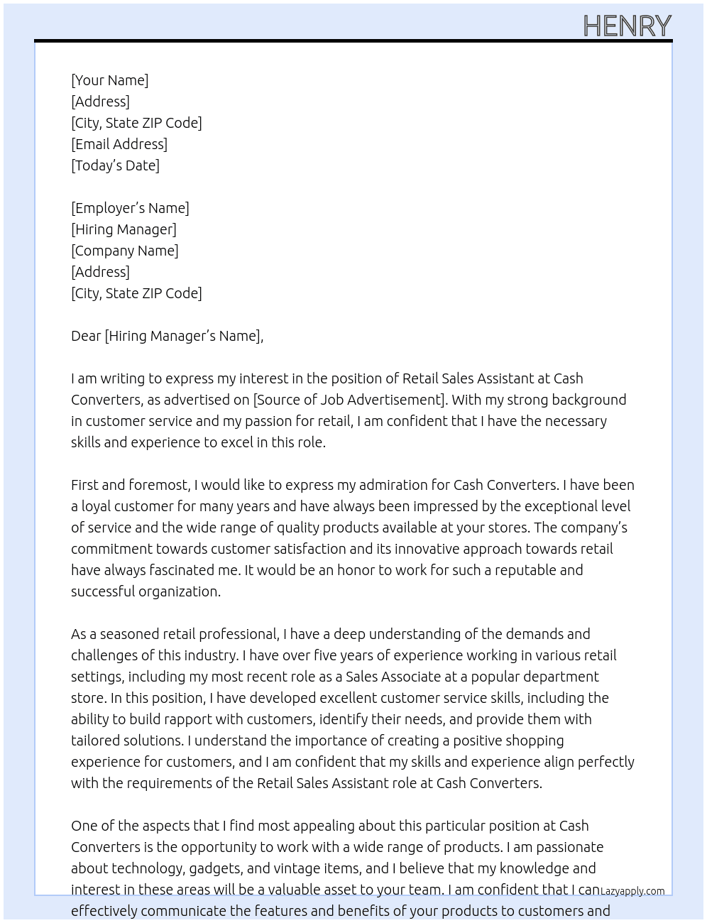 retail sales assistant  At cash converters Cover Letter