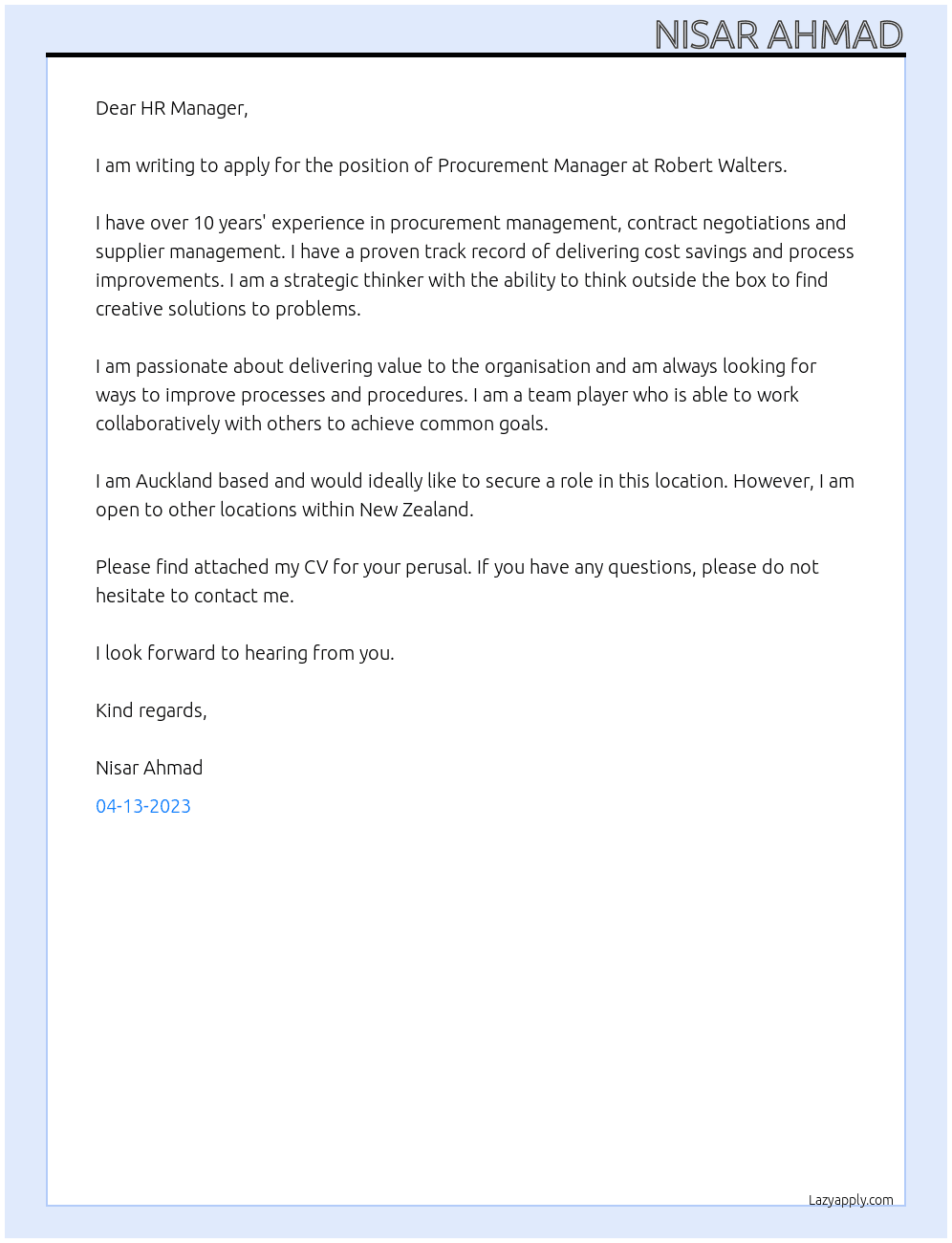 Procurement Manager At Robert Walters Cover Letter