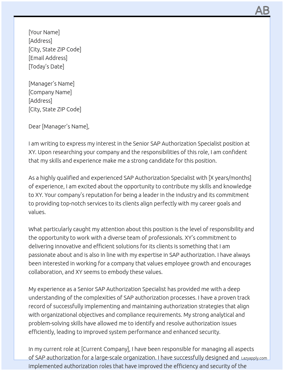 Senior SAP Authorization Specialist At XY Cover Letter