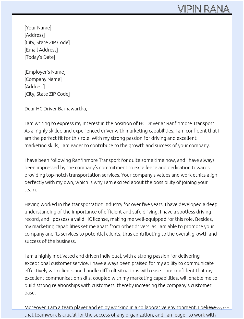 DRIVER At Ranfinmore transport  Cover Letter