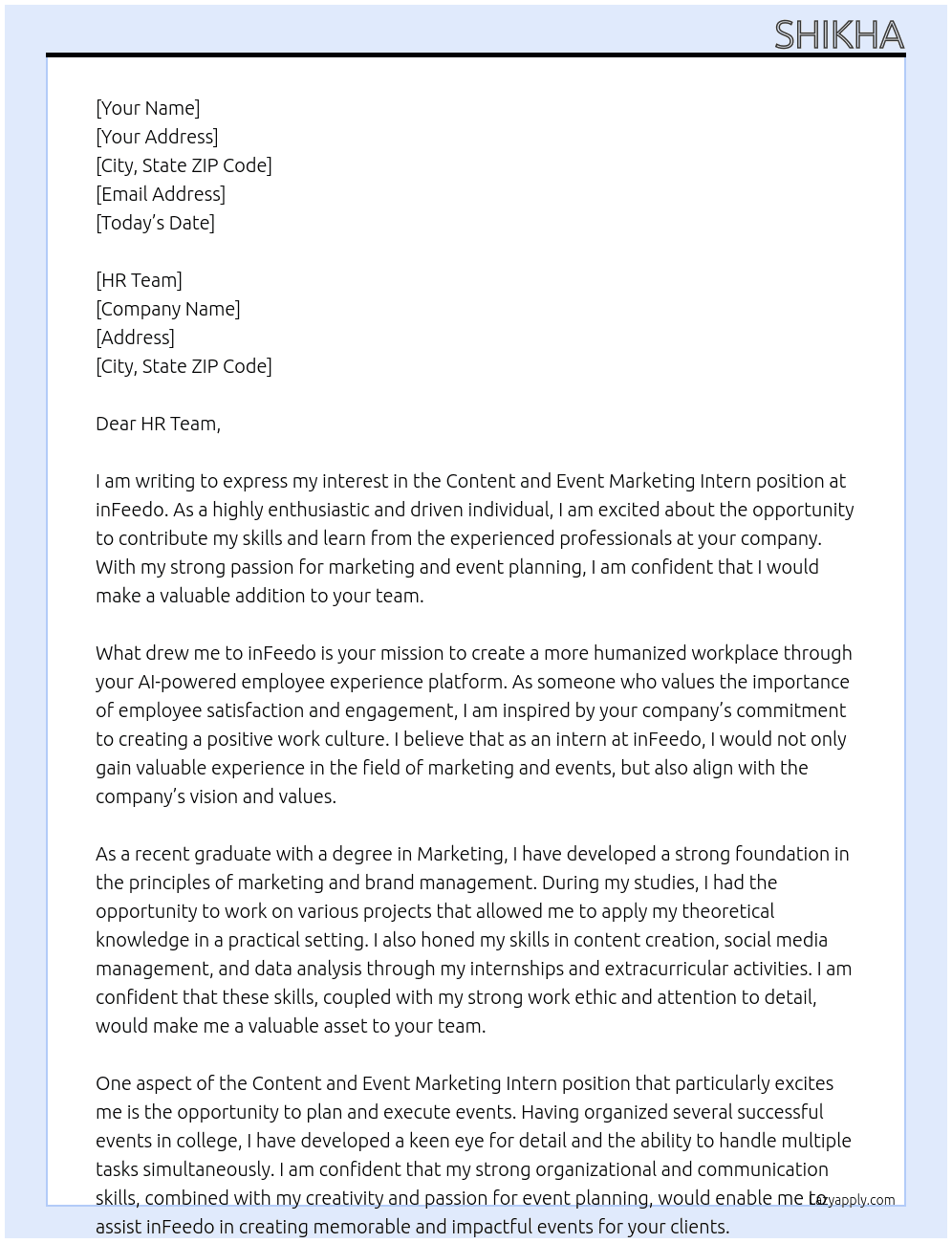 Content and Event Marketing Intern At inFeedo Cover Letter