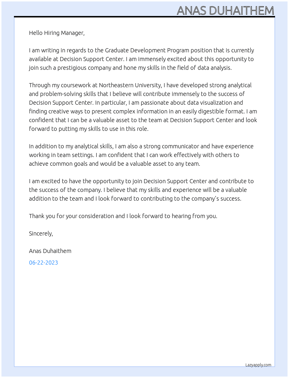 Graduate Development Program At Decision Support Center Cover Letter