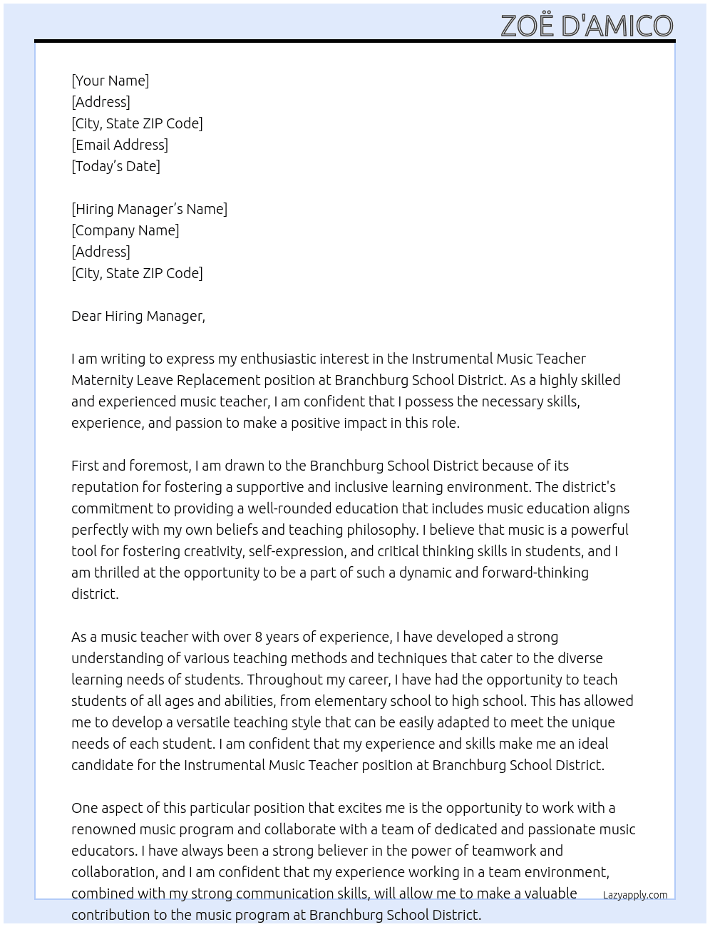 Instrumental Music Teacher Maternity Leave Replacement  At Branchburg School District Cover Letter