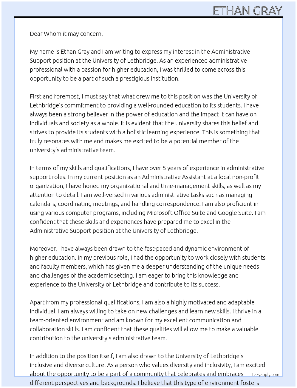 Administrative Support  At University of Lethbridge Cover Letter