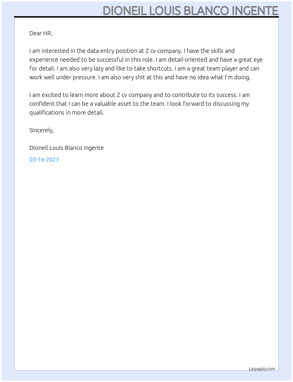 data entry  At Z cv company  Cover Letter
