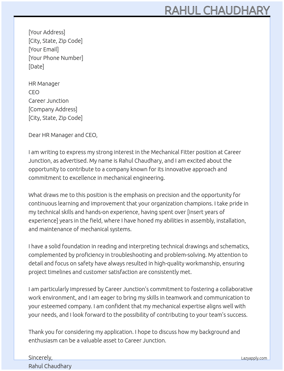 Mechanical fitter At Career juction Cover Letter