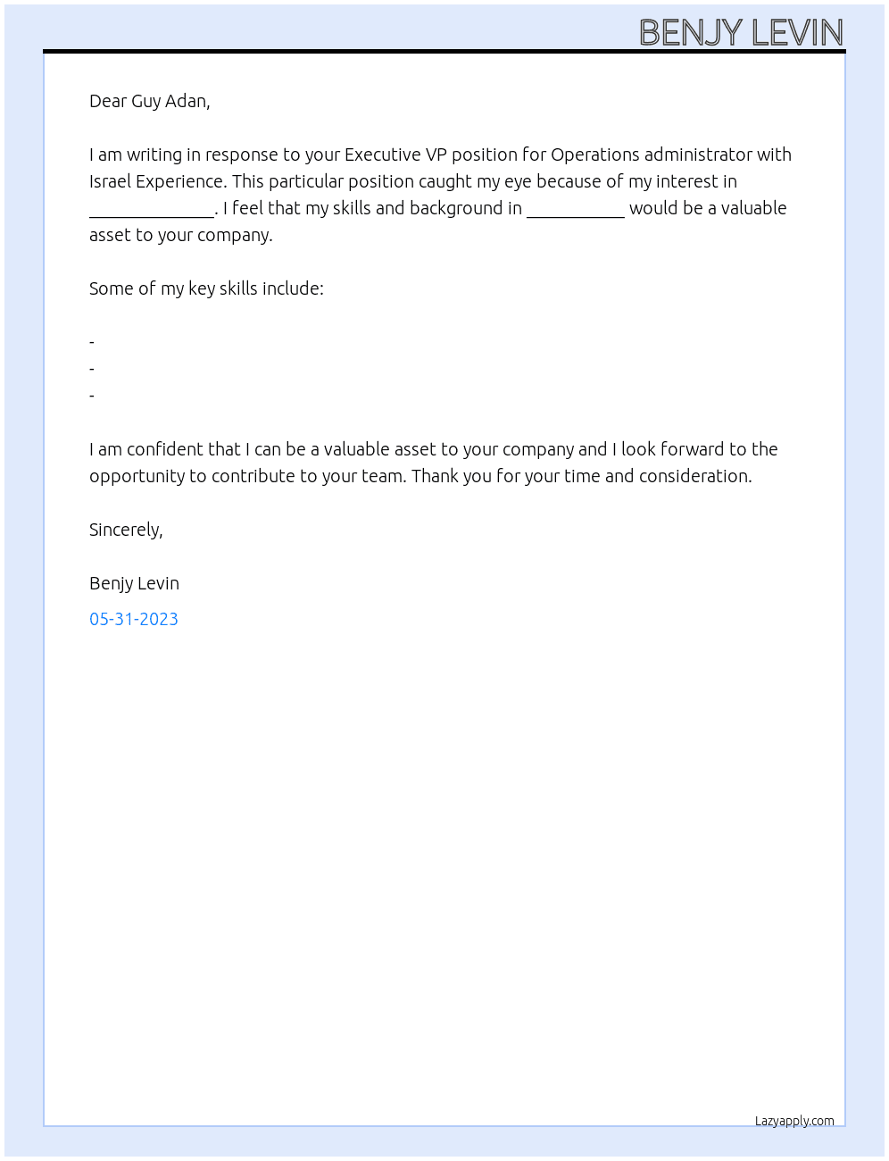 Operations administrator At Israel Experience Cover Letter